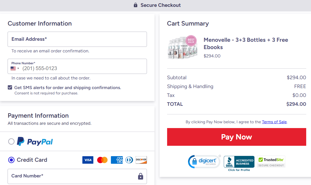 menovelle checkout page